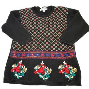 Vintage Chrysantheme Embroidered Christmas Sweater Women's 14/16 | Black Red 80s